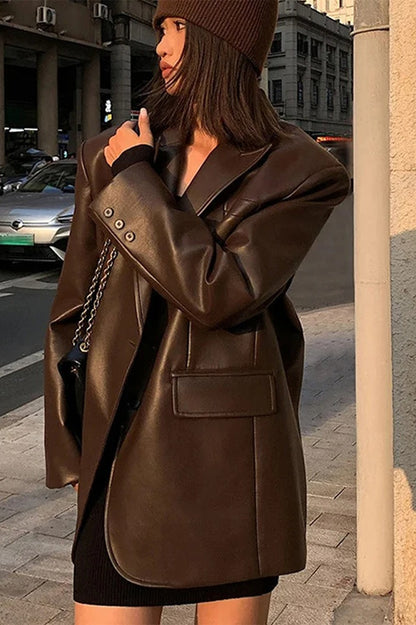 Black PU Leather Blazer Jacket