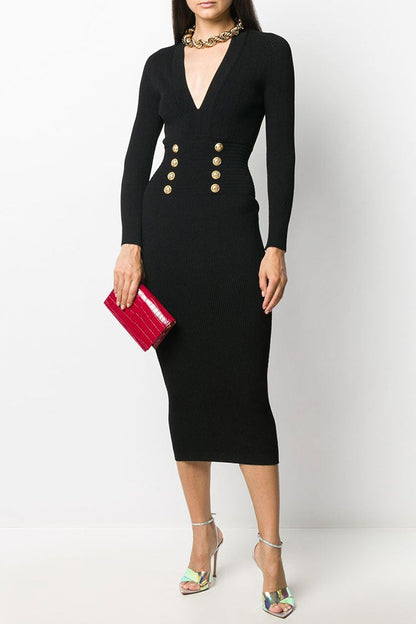 Rib Knit Deep V-Neck Double-Row Metal Button Bodycon Midi Dress