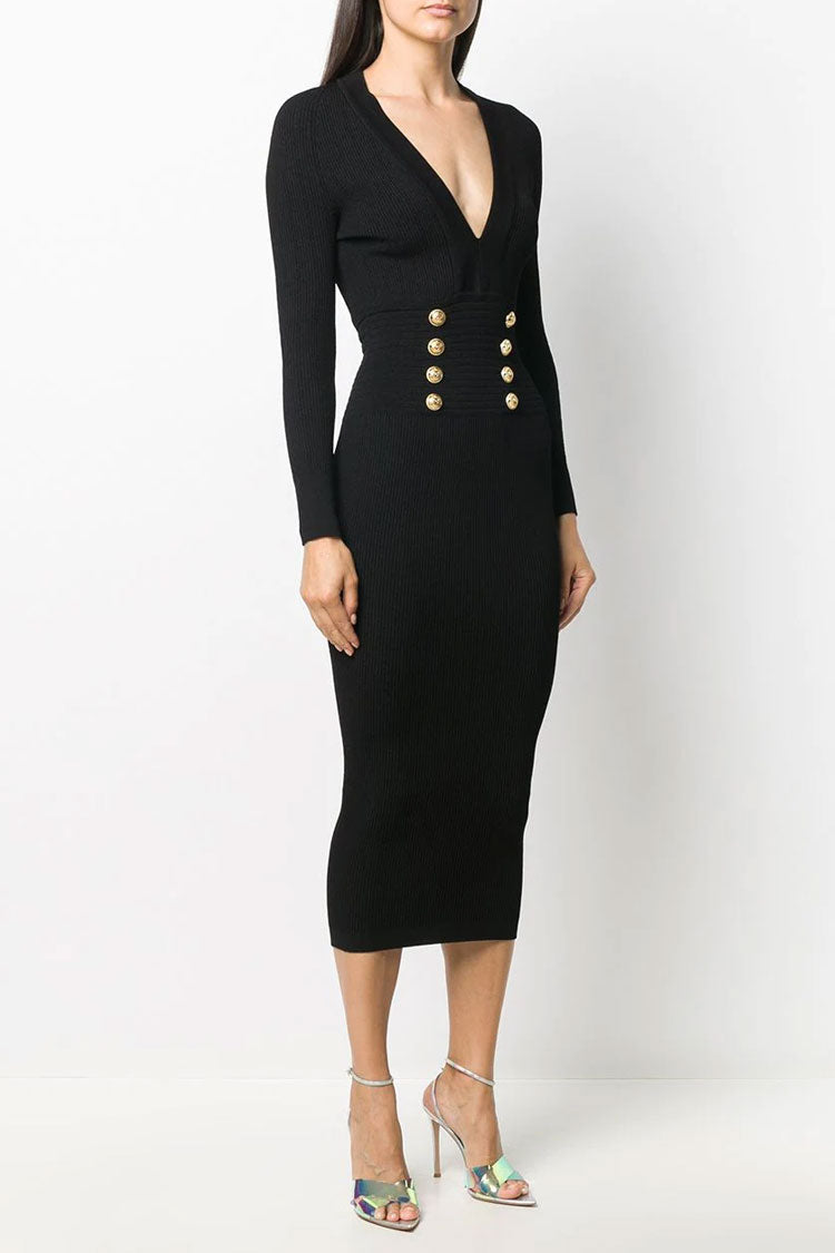 Rib Knit Deep V-Neck Double-Row Metal Button Bodycon Midi Dress
