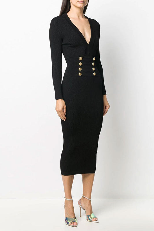 Rib Knit Deep V-Neck Double-Row Metal Button Bodycon Midi Dress