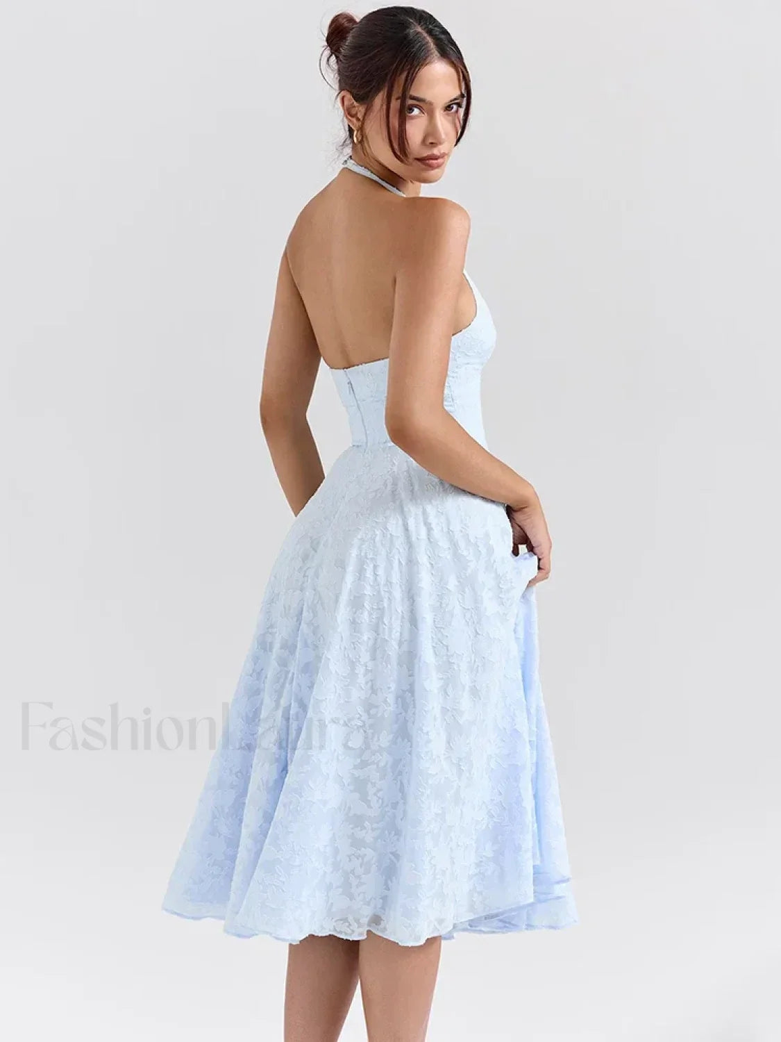 Deep V Halter Pleated Midi Dress
