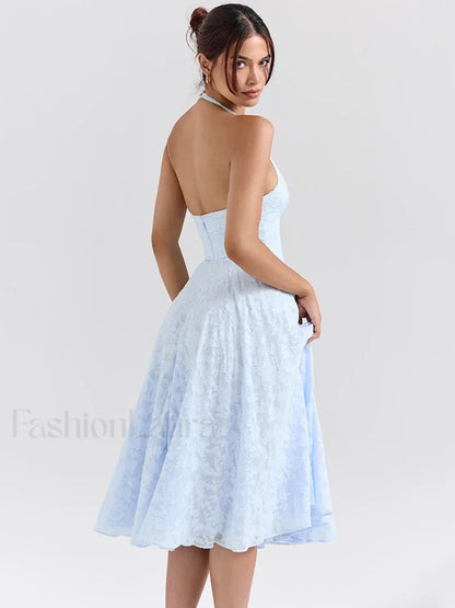 Deep V Halter Pleated Midi Dress