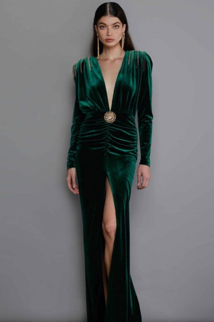 Plunging V-Neck Chain-Fringe Shoulder Velvet High Slit Maxi Gown