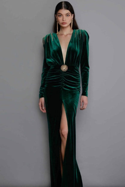 Plunging V-Neck Chain-Fringe Shoulder Velvet High Slit Maxi Gown