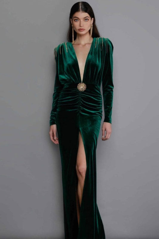 Plunging V-Neck Chain-Fringe Shoulder Velvet High Slit Maxi Gown
