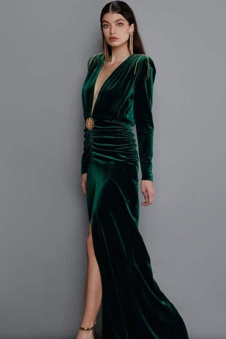 Plunging V-Neck Chain-Fringe Shoulder Velvet High Slit Maxi Gown