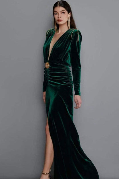 Plunging V-Neck Chain-Fringe Shoulder Velvet High Slit Maxi Gown