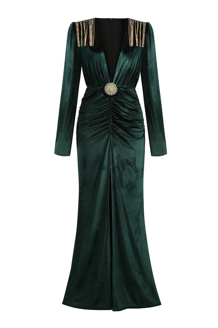 Plunging V-Neck Chain-Fringe Shoulder Velvet High Slit Maxi Gown