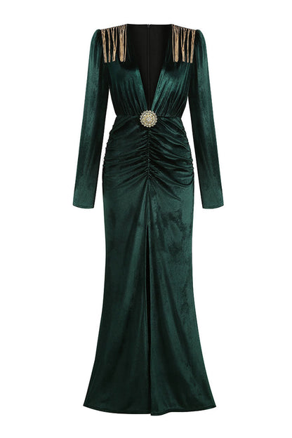 Plunging V-Neck Chain-Fringe Shoulder Velvet High Slit Maxi Gown