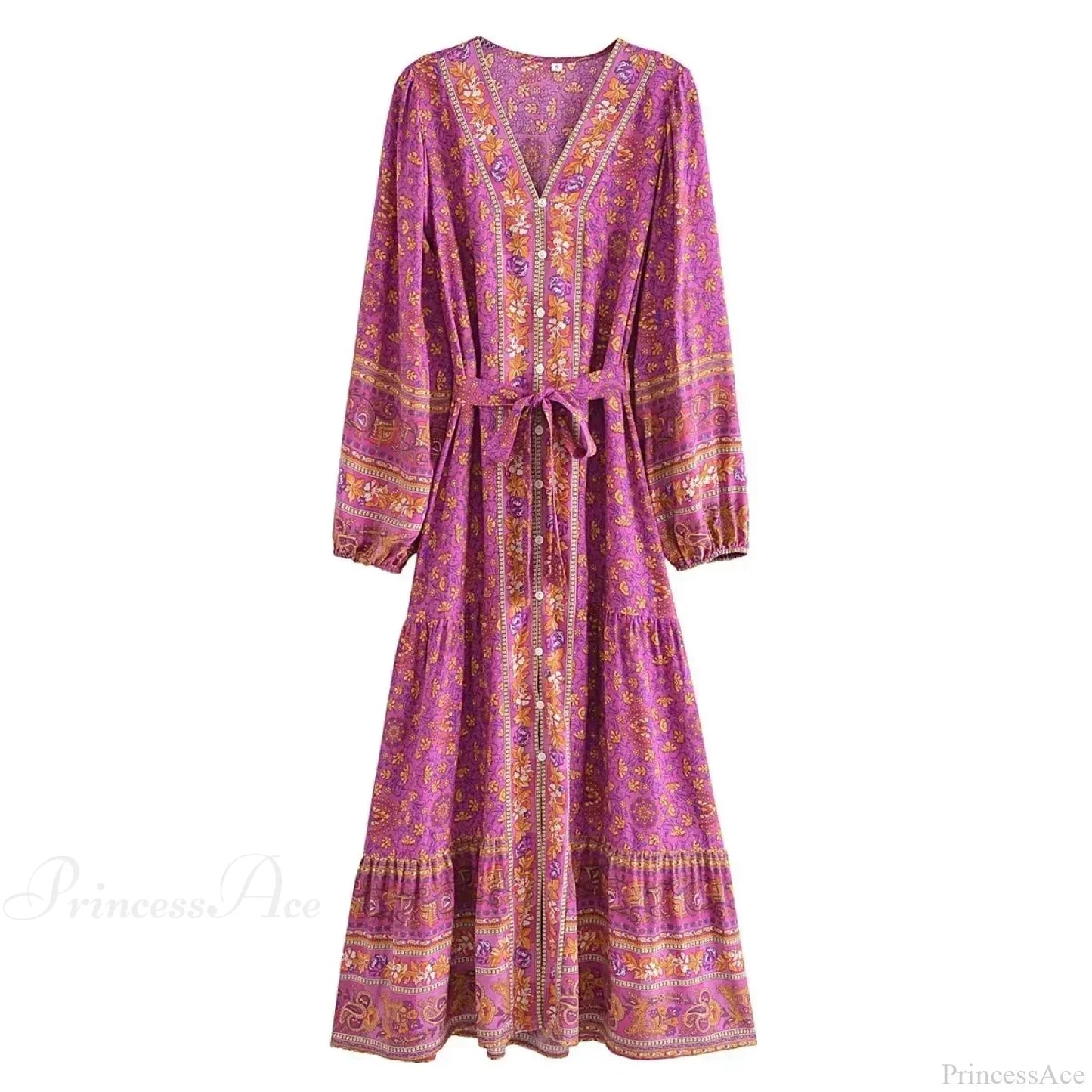 Deep V-neck Floral Long Sleeve Cotton Boho Dress