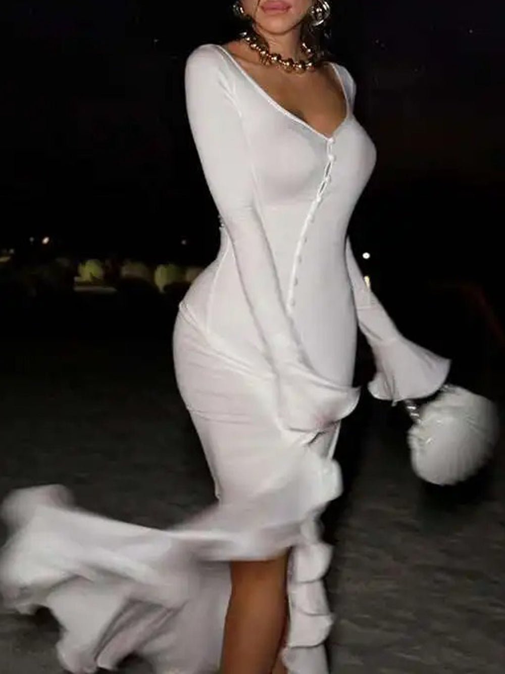 Contrast Trim Deep V-Neck Button Front Ruffle Cuff High Slit Midi Dress