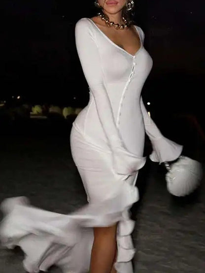 Contrast Trim Deep V-Neck Button Front Ruffle Cuff High Slit Midi Dress