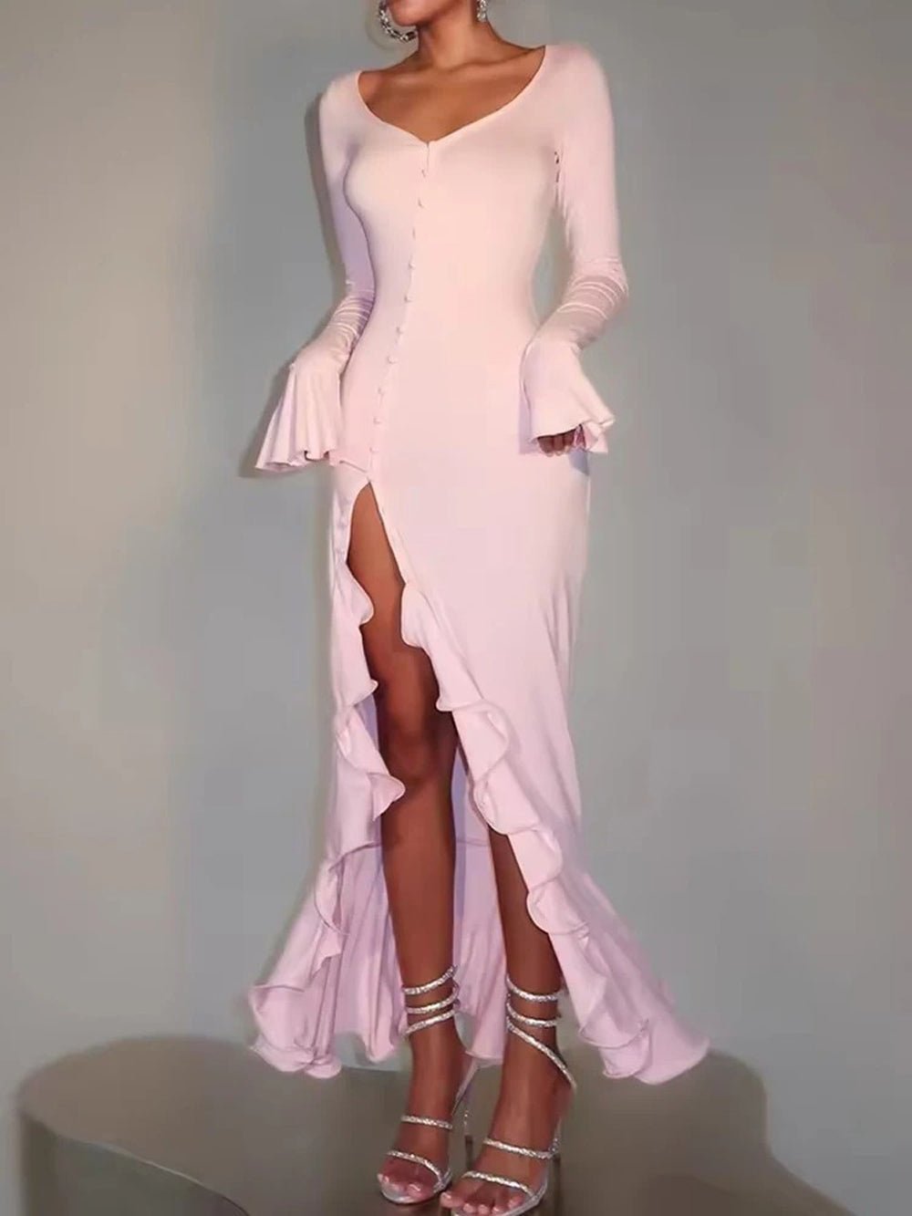 Contrast Trim Deep V-Neck Button Front Ruffle Cuff High Slit Midi Dress