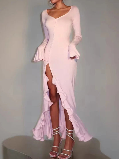 Contrast Trim Deep V-Neck Button Front Ruffle Cuff High Slit Midi Dress