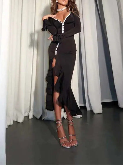 Contrast Trim Deep V-Neck Button Front Ruffle Cuff High Slit Midi Dress
