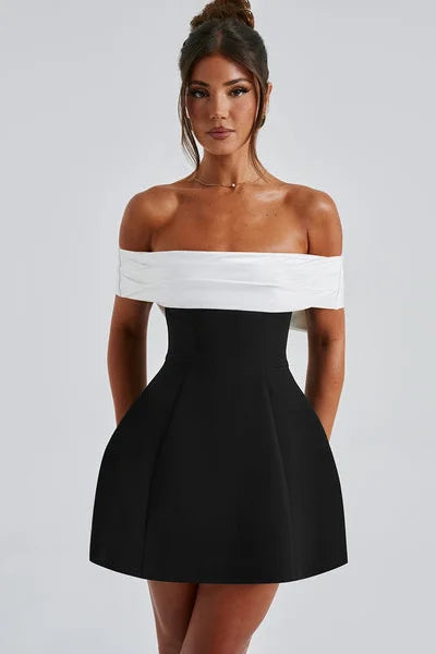 Off-the-Shoulder Contrast Band Fit and Flare Mini Dress