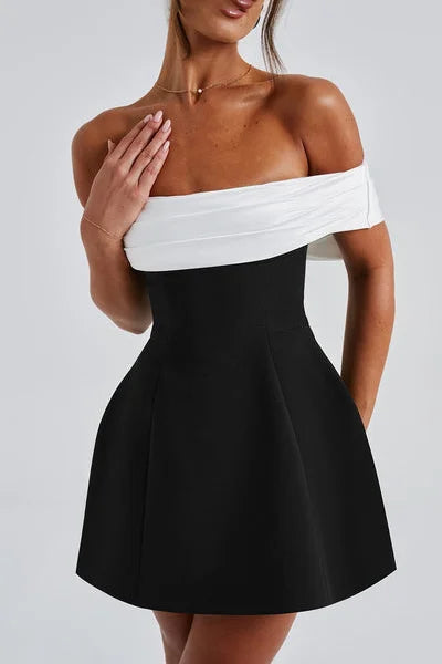 Off-the-Shoulder Contrast Band Fit and Flare Mini Dress