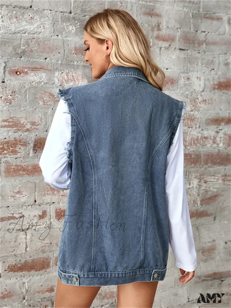 Denim Vest Autumn Washed Sleeveless Waistcoat Casual Baggy Jean Vest Jacket