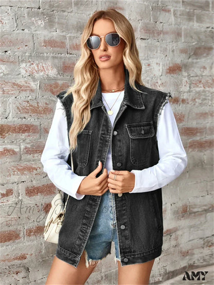 Denim Vest Autumn Washed Sleeveless Waistcoat Casual Baggy Jean Vest Jacket