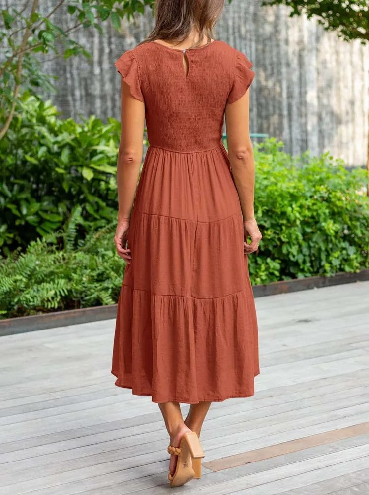 Smocked Bodice Flutter Sleeve Tiered A-Line Midi Dress