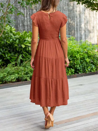 Smocked Bodice Flutter Sleeve Tiered A-Line Midi Dress