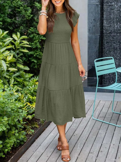 Smocked Bodice Flutter Sleeve Tiered Empire Waist Maxi Dress