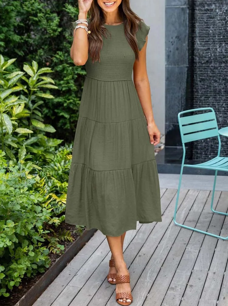 Smocked Bodice Flutter Sleeve Tiered A-Line Midi Dress