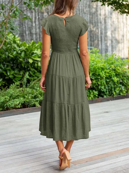 Smocked Bodice Flutter Sleeve Tiered A-Line Midi Dress