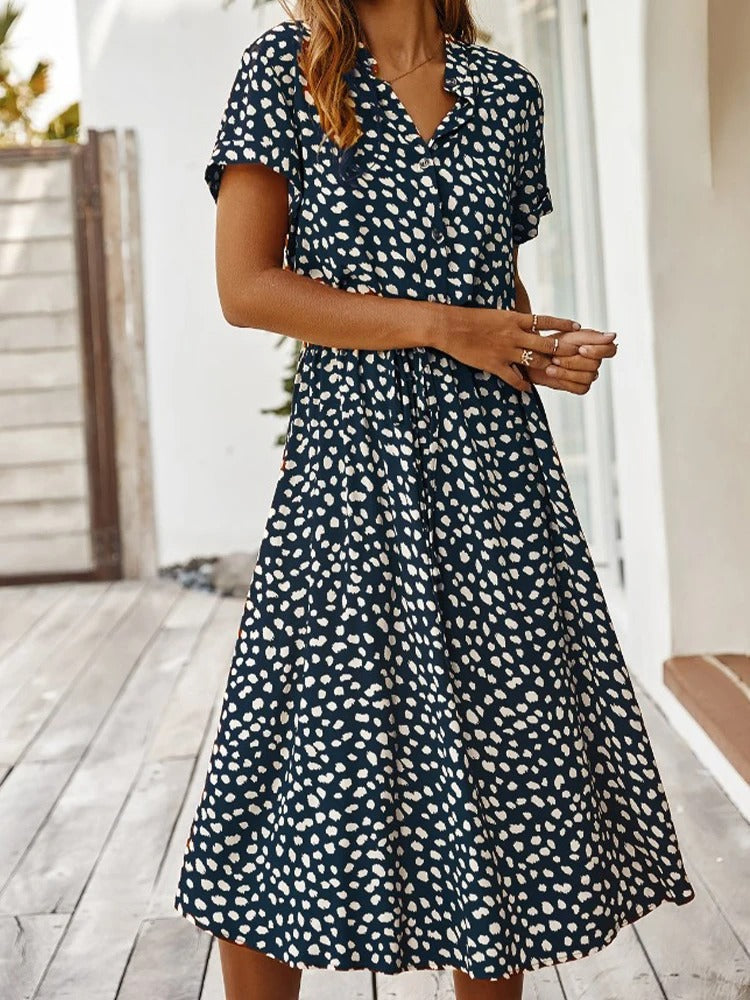 Dalmatian Print Button Front Drawstring Waist Midi Dress