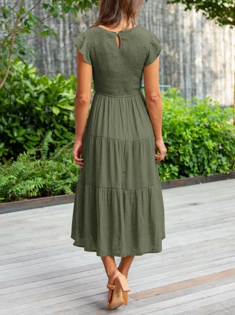 Smocked Bodice Flutter Sleeve Tiered Empire Waist Maxi Dress