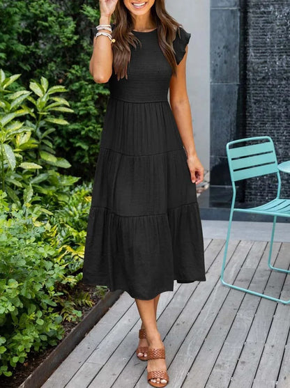 Smocked Bodice Flutter Sleeve Tiered A-Line Midi Dress