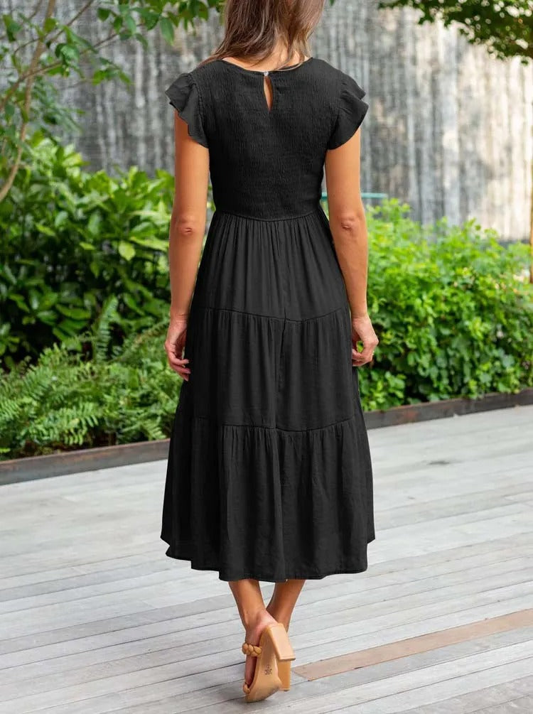Smocked Bodice Flutter Sleeve Tiered Empire Waist Maxi Dress