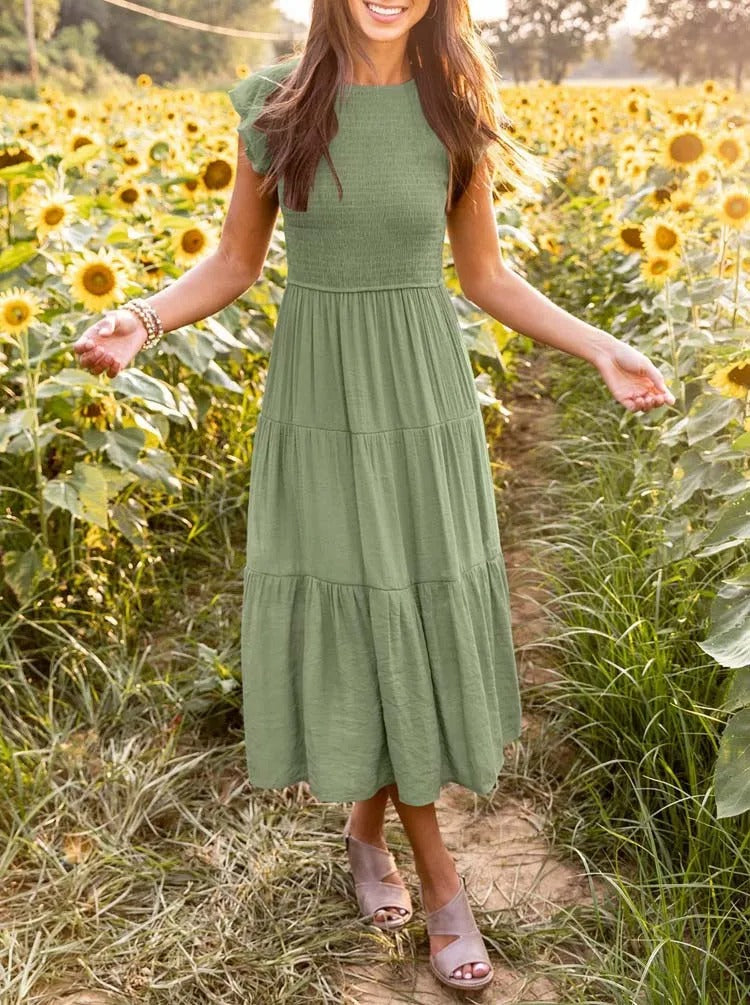 Smocked Bodice Flutter Sleeve Tiered A-Line Midi Dress