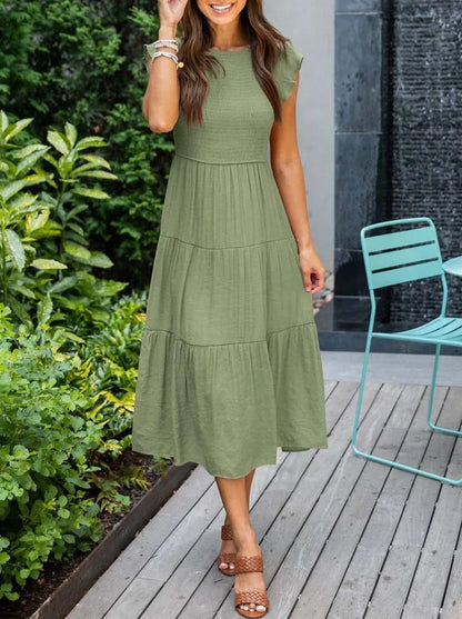 Smocked Bodice Flutter Sleeve Tiered A-Line Midi Dress