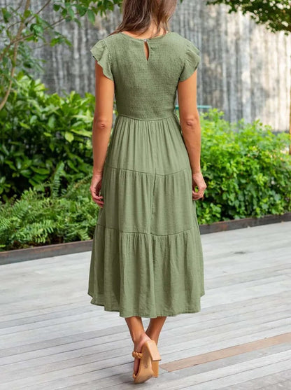Smocked Bodice Flutter Sleeve Tiered A-Line Midi Dress