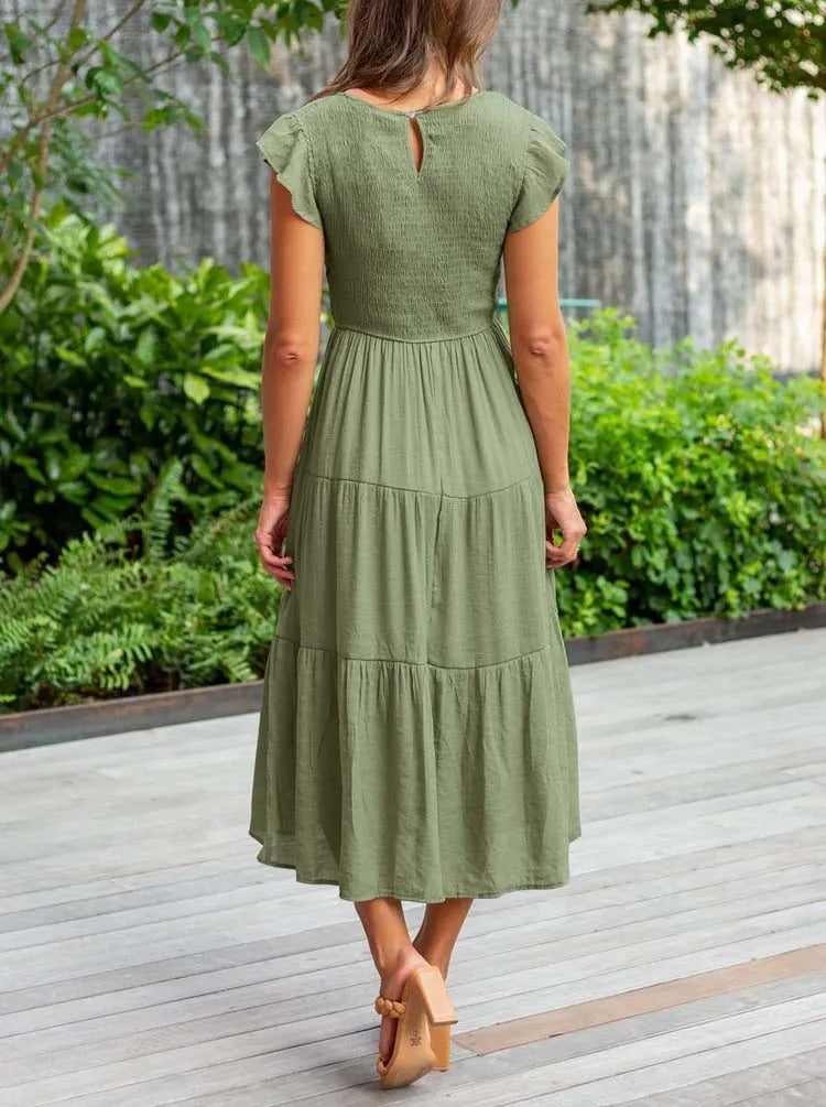 Smocked Bodice Flutter Sleeve Tiered Empire Waist Maxi Dress