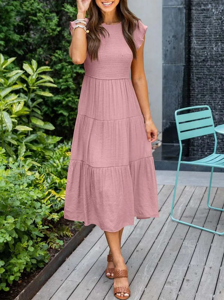 Smocked Bodice Flutter Sleeve Tiered A-Line Midi Dress