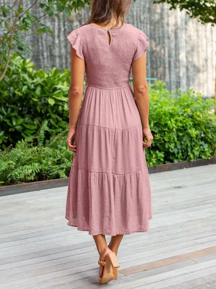 Smocked Bodice Flutter Sleeve Tiered A-Line Midi Dress