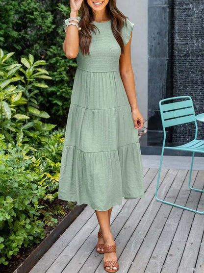 Smocked Bodice Flutter Sleeve Tiered A-Line Midi Dress