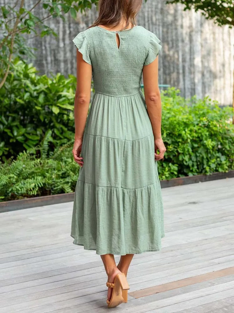 Smocked Bodice Flutter Sleeve Tiered A-Line Midi Dress