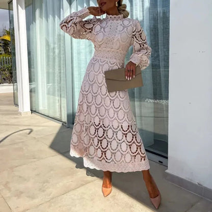 Mock Neck Lace Long Sleeve Waistband Midi Dress