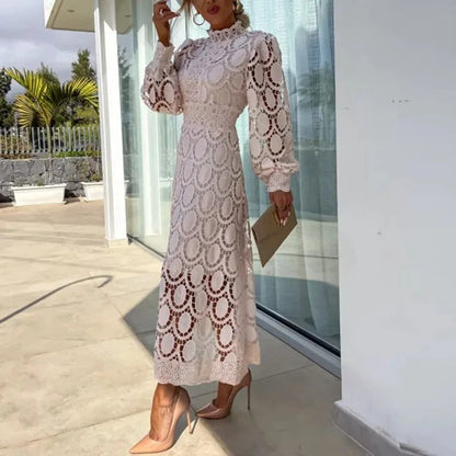 Mock Neck Lace Long Sleeve Waistband Midi Dress