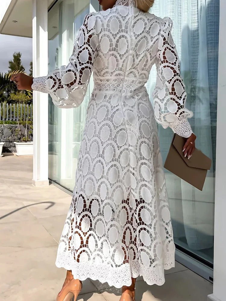 Mock Neck Lace Long Sleeve Waistband Midi Dress