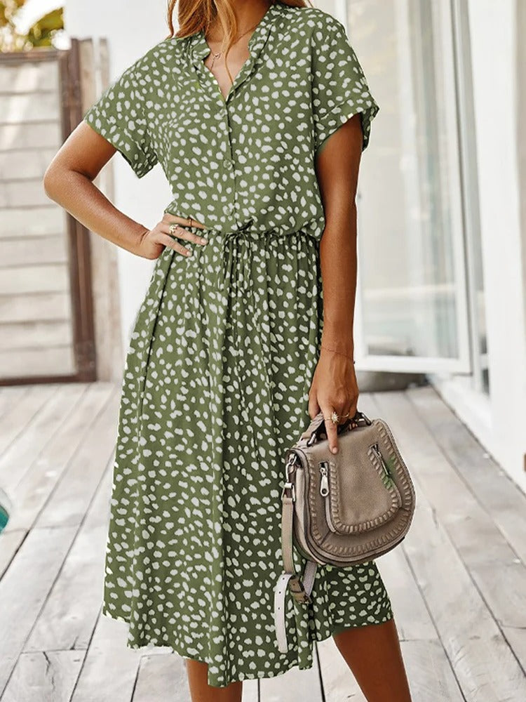 Dalmatian Print Button Front Drawstring Waist Midi Dress