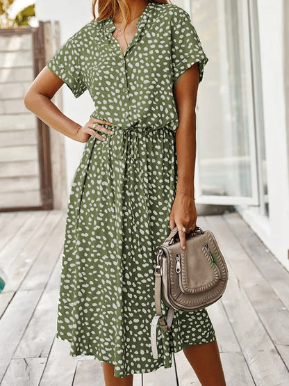 Dalmatian Print Button Front Drawstring Waist Midi Dress