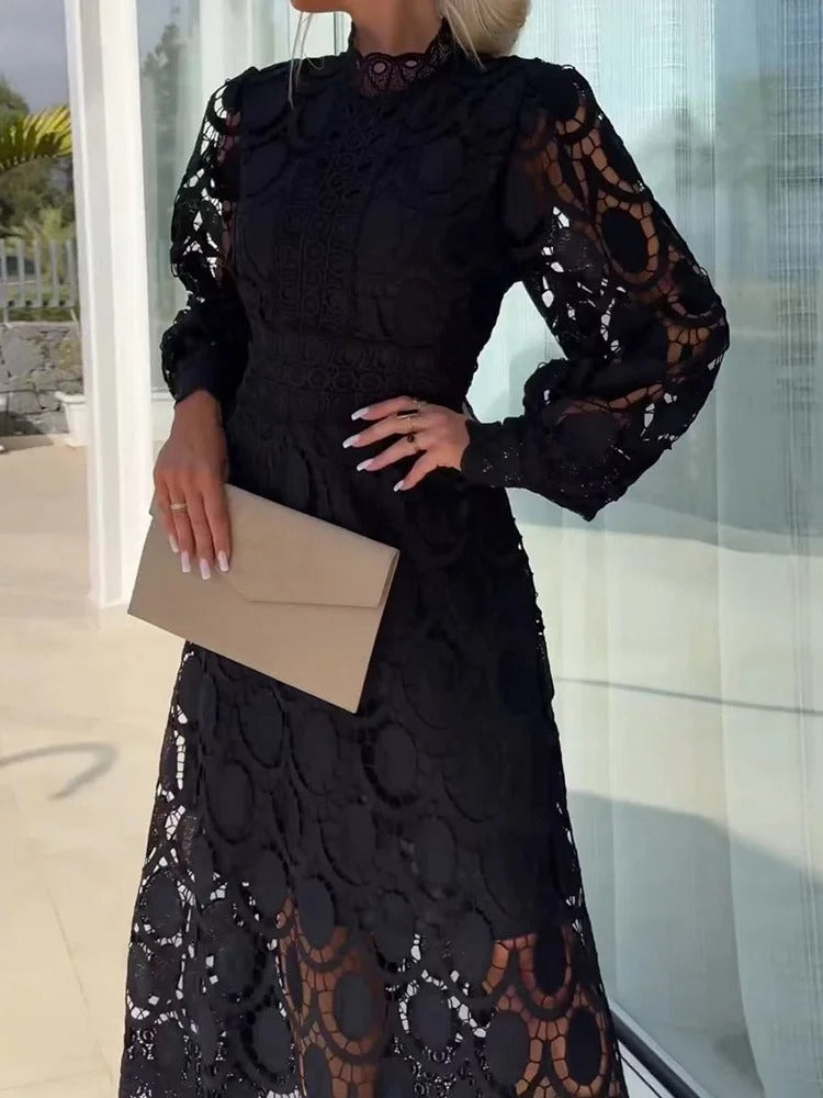 Mock Neck Lace Long Sleeve Waistband Midi Dress