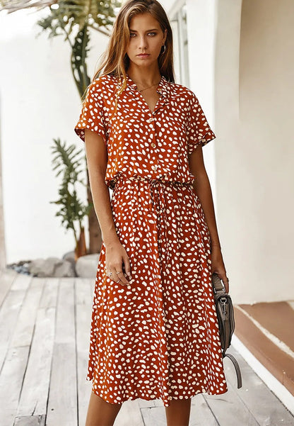 Dalmatian Print Button Front Drawstring Waist Midi Dress