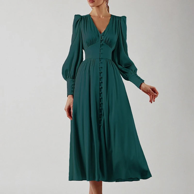 Satin Puff Sleeve Button Cuff Ruched Bust Button Front Midi Dress
