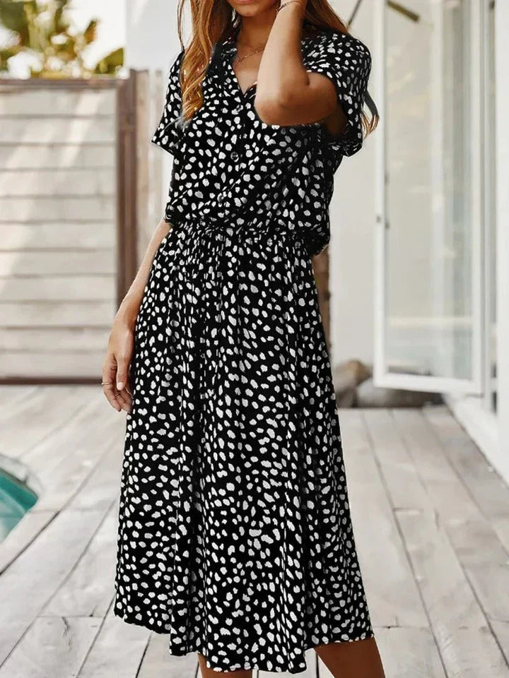 Dalmatian Print Button Front Drawstring Waist Midi Dress