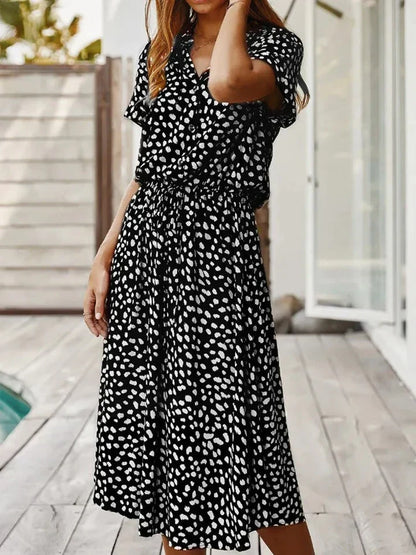 Dalmatian Print Button Front Drawstring Waist Midi Dress